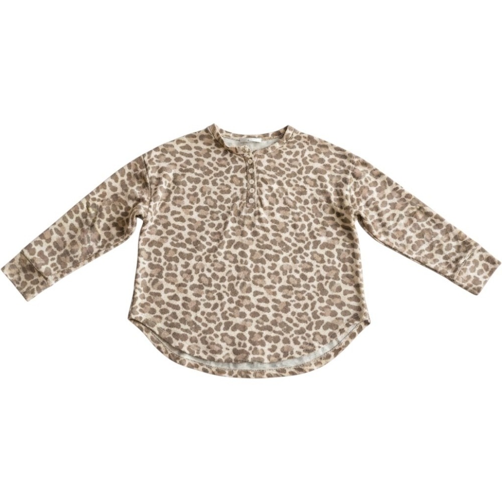 Leopard Print Henley Tunic Top XL Taupe Ivory Animal Print High Low Hem
